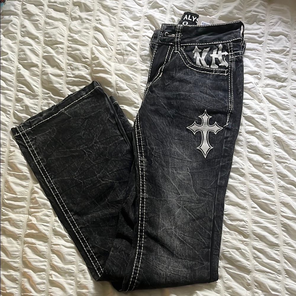 Alyx Flare Black and White Jeans with Distressed Details